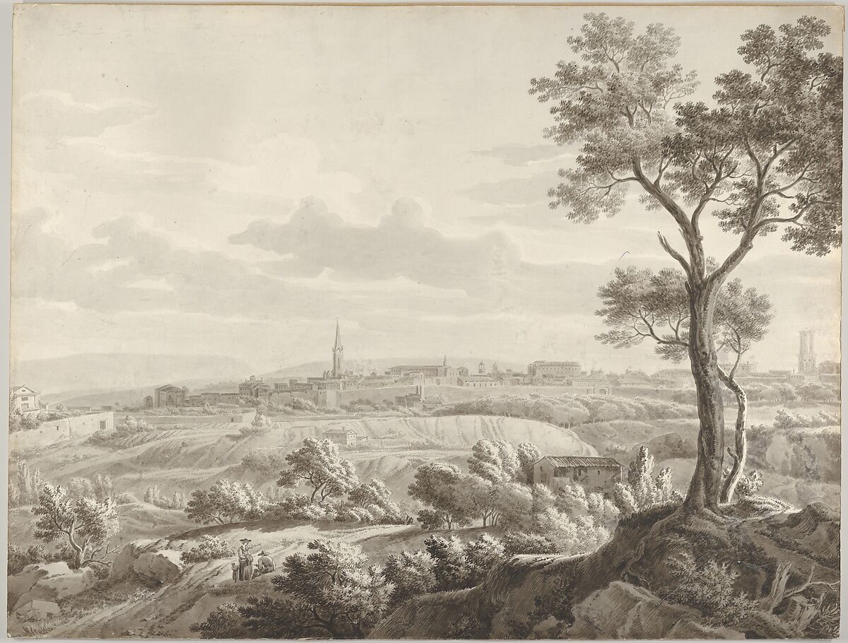 View of Aix-en-Provence, Jean Antoine Constantin, called Constantin d&#39;Aix (French, Marseilles 1756–1844 Aix-en-Provence), Pen and black ink, with brush and gray wash, over traces of black chalk underdrawing. 