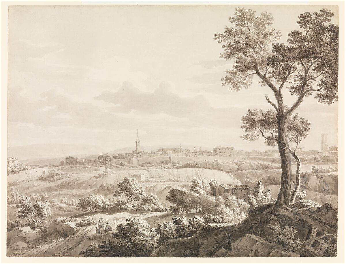 View of Aix-en-Provence, Jean Antoine Constantin, called Constantin d'Aix (French, Marseilles 1756–1844 Aix-en-Provence), Pen and black ink, with brush and gray wash, over traces of black chalk underdrawing.