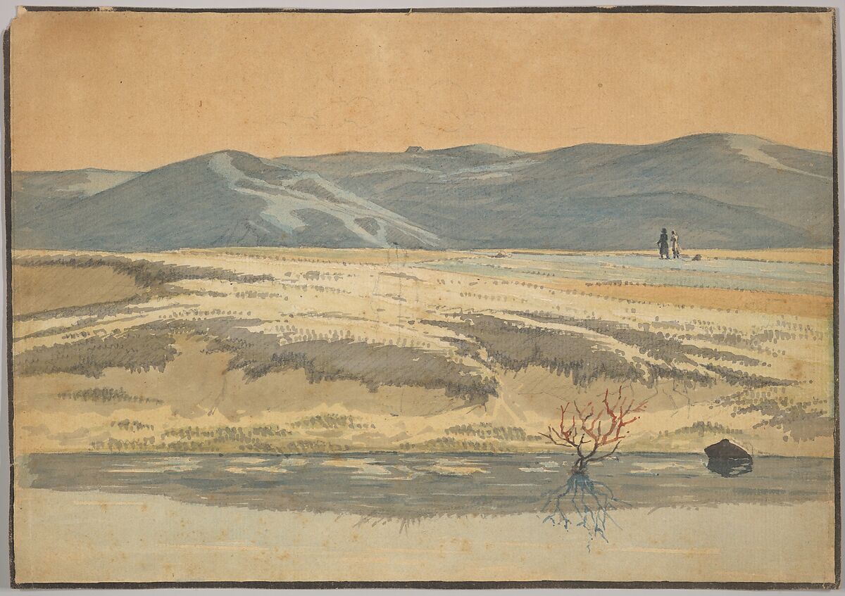 Landscape near Bangsbo, North Jutland, With Two Figures, Martinus Rørbye (Danish, Drammen 1803–1848 Copenhagen), Watercolor, over graphite; framing line in pen and black ink 