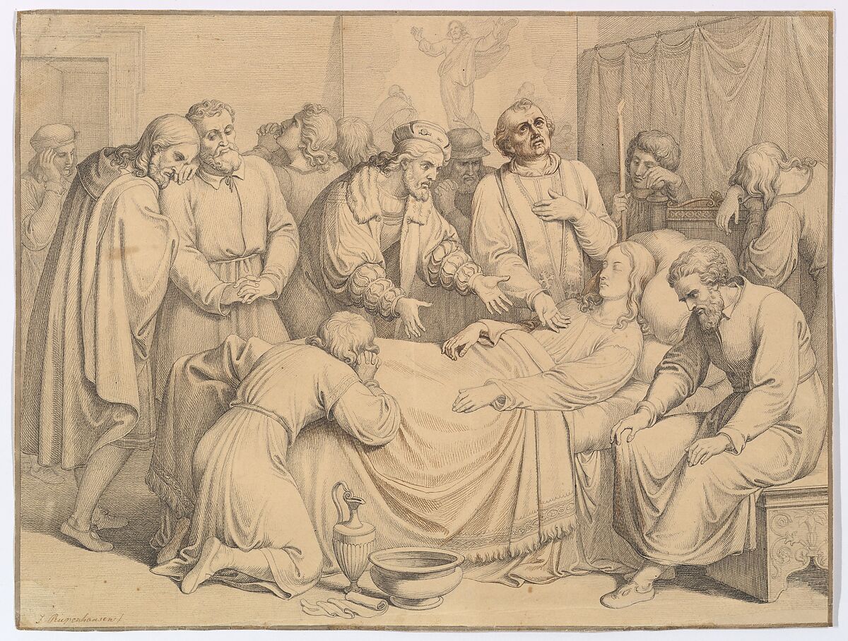 The Death of Raphael, Johannes Riepenhausen (German, Goettingen 1788–1860 Venice), Pen and black and brown ink; framing lines in graphite and brush and gray wash 