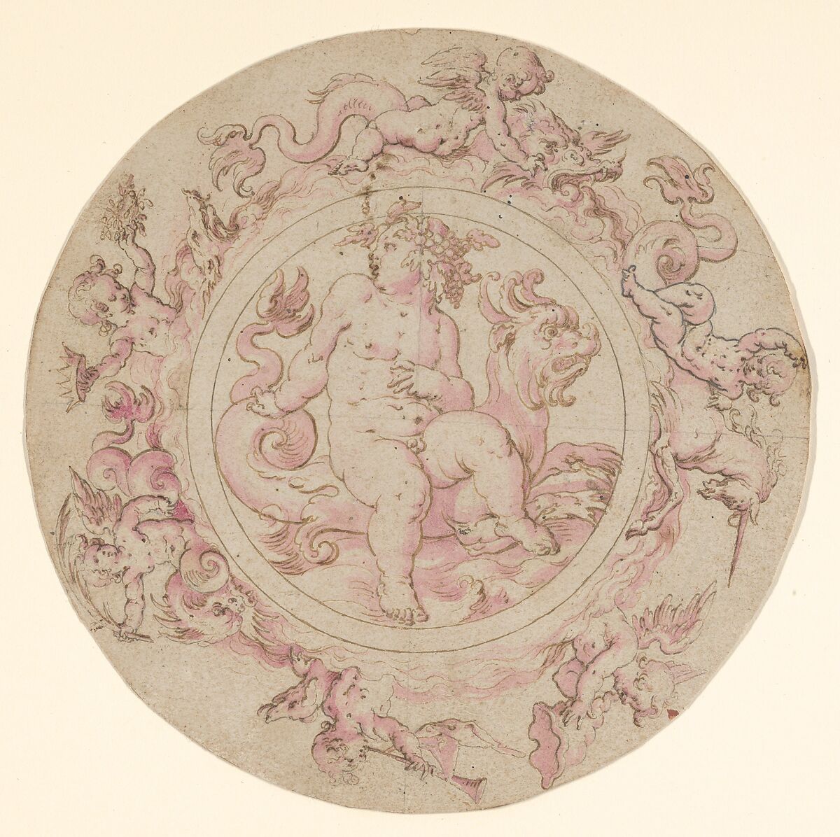 Design for a Tazza, Bowl or Dish, Anonymous, German  , active late 16th - early 17th century, Pen and brown ink, brush and red (fuchsia) wash, traced with a stylus 