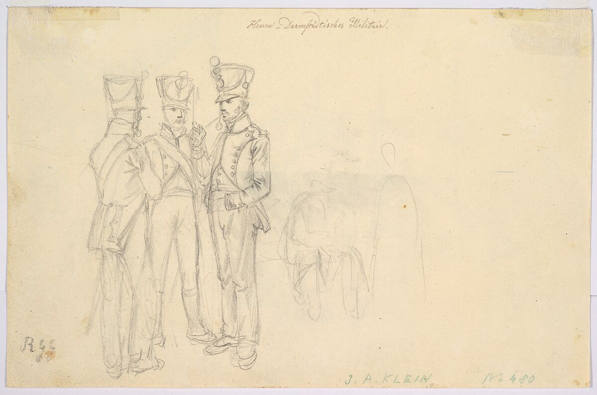 View of the Alter Kranen in Würzburg; verso: Study of Three Soldiers and Two More Figures, Johann Adam Klein (German, Nuremberg 1792–1875 Munich), Graphite