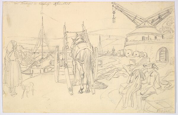 View of the Alter Kranen in Würzburg; verso: Study of Three Soldiers and Two More Figures