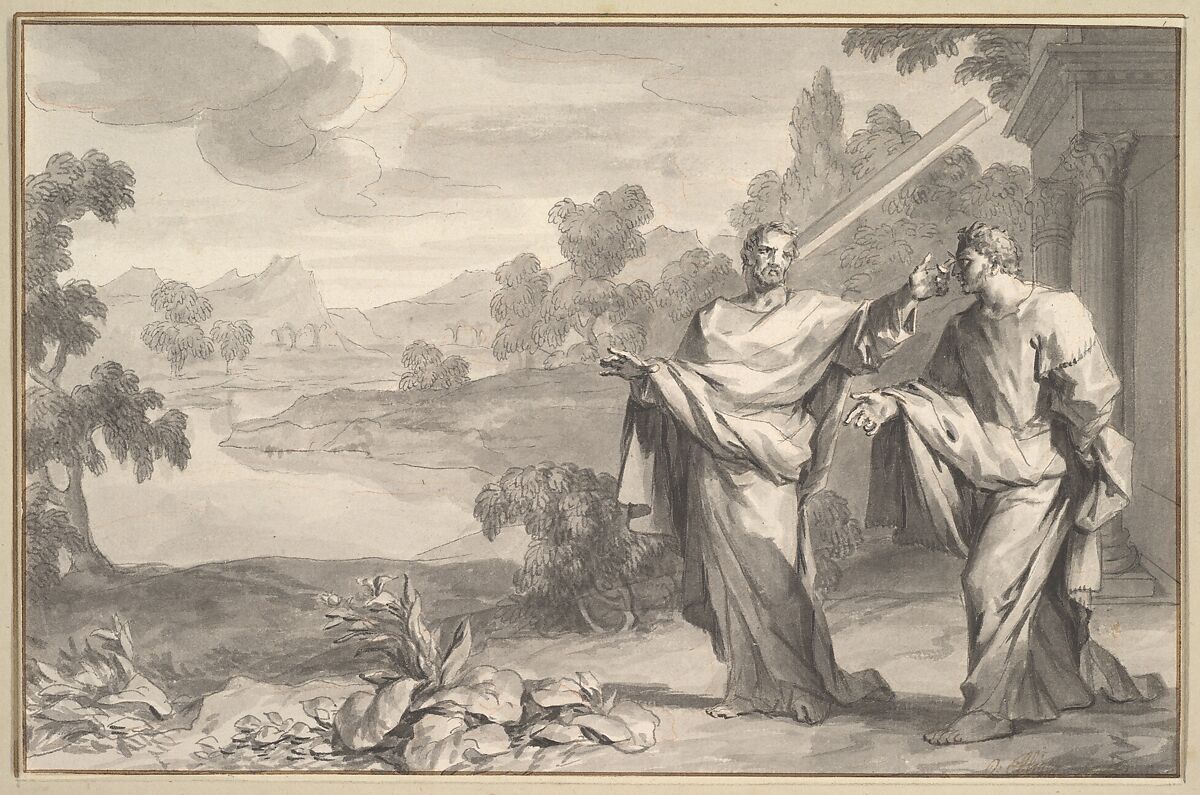 The Parable of the Mote and the Beam (Matthew 7:3), Ottmar Elliger the Younger (German, Hamburg 1666–1735 St. Petersburg), Pen and black ink, brush and gray wash, over red chalk; incised for transfer; framing line in pen and brown ink 