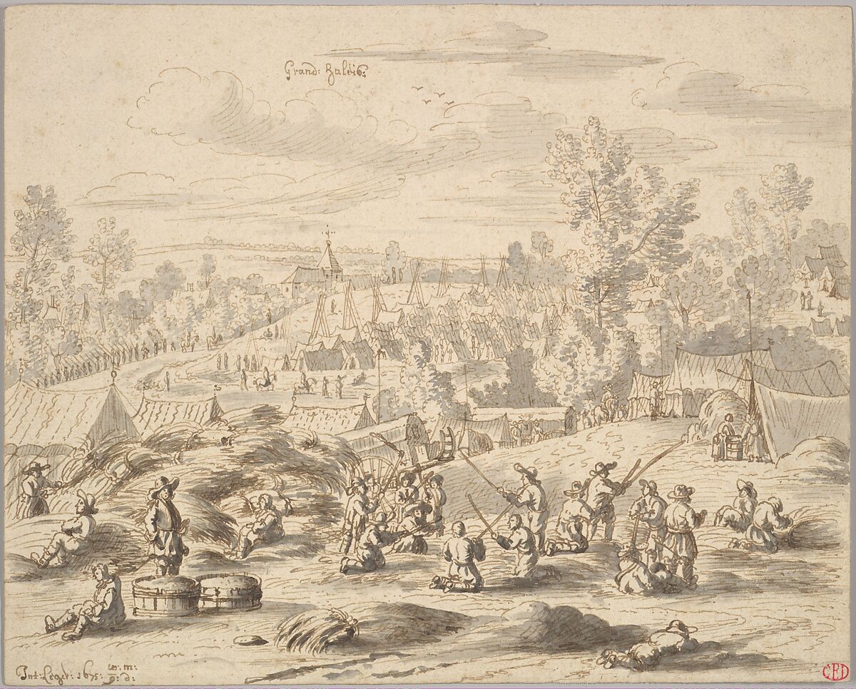 Peasants in a Landscape with a Military Camp in Grand-Hallet, Josua de Grave (Dutch, Amsterdam 1643–1712 The Hague), Pen and black ink, brush and gray wash 