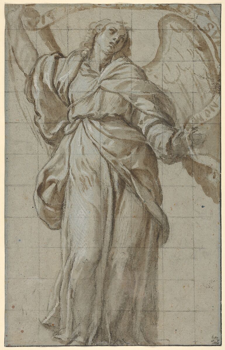 Standing Angel Holding a Scroll, Giovanni Domenico Caresana (Italian, Cureglia 1574–1619 Riva San Vitale), Point of brush and brown wash, highlighted with white gouache, over black chalk on gray-blue paper; squared in black chalk 
