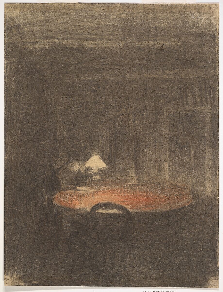 Figure Reading at a Table in an Interior at Night, Vilhelm Hammershøi (Danish, Copenhagen 1864–1916 Copenhagen), Fabricated black and red chalk 