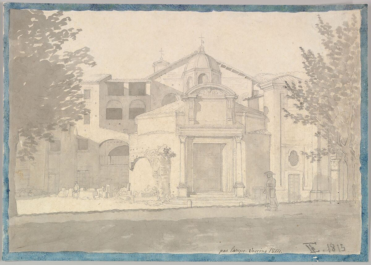A Section of the Via Sacra, Rome (The Church of Saints Cosmas and Damian), Christoffer Wilhelm Eckersberg (Danish, Blåkrog 1783–1853 Copenhagen), Graphite, brush and gray wash, framed with graphite and brush and blue watercolor 