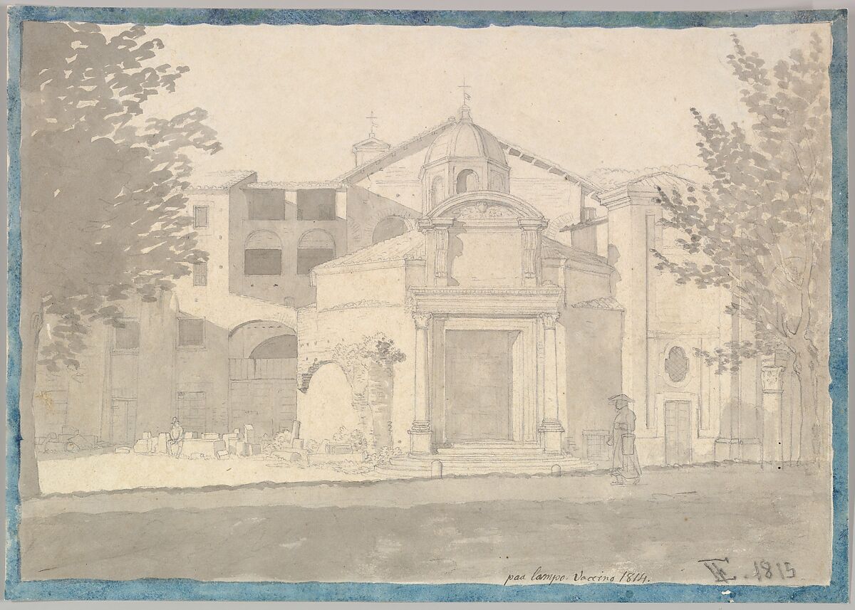 A Section of the Via Sacra, Rome (The Church of Saints Cosmas and Damian), Christoffer Wilhelm Eckersberg  Danish, Graphite, brush and gray wash, framed with graphite and brush and blue watercolor