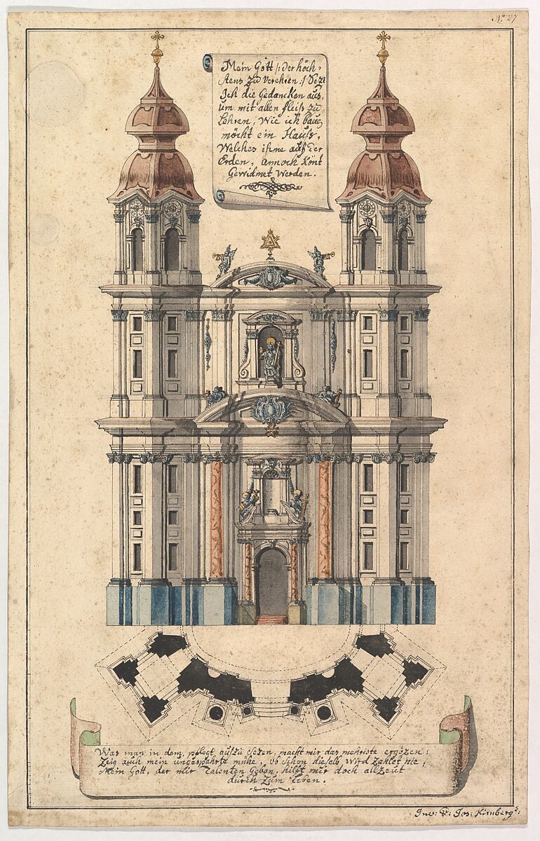 Baroque Church Façade with Obliquely Placed Towers, Joseph Kirnberger (German, ca. 1740–after 1790), Pen and ink with watercolor over graphite 