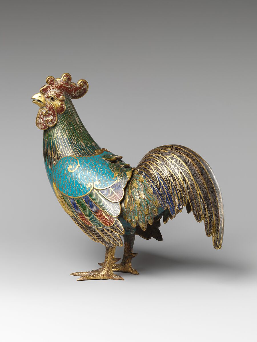Incense burner in the shape of a rooster, Cloisonné enamel, China 