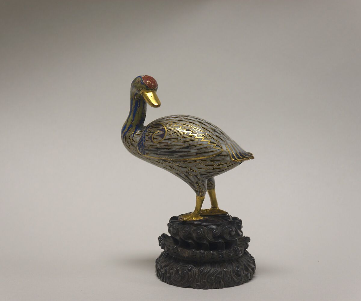 Duck, Cloisonné enamel, wooden stand, China 