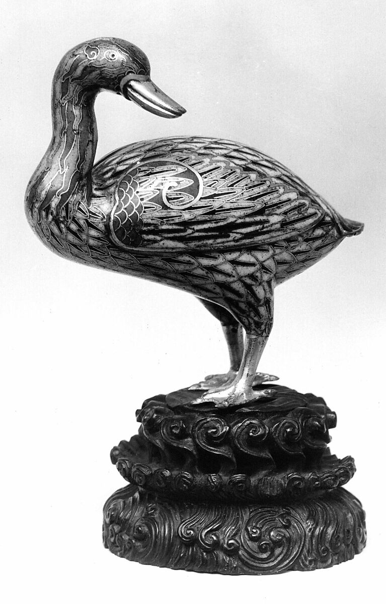 Duck, Cloisonné enamel, wooden stand, China