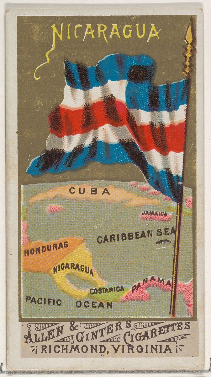 Nicaragua, from Flags of All Nations, Series 1 (N9) for Allen & Ginter Cigarettes Brands, Issued by Allen &amp; Ginter (American, Richmond, Virginia), Commercial color lithograph 