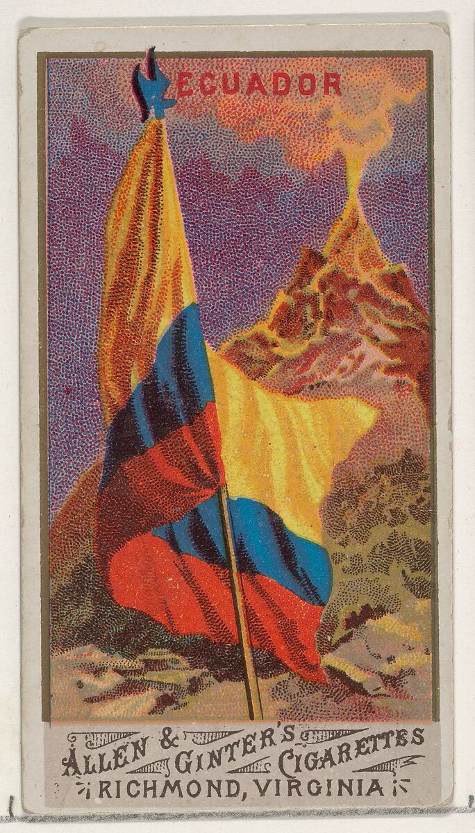 Ecuador, from Flags of All Nations, Series 1 (N9) for Allen & Ginter Cigarettes Brands, Issued by Allen &amp; Ginter (American, Richmond, Virginia), Commercial color lithograph 