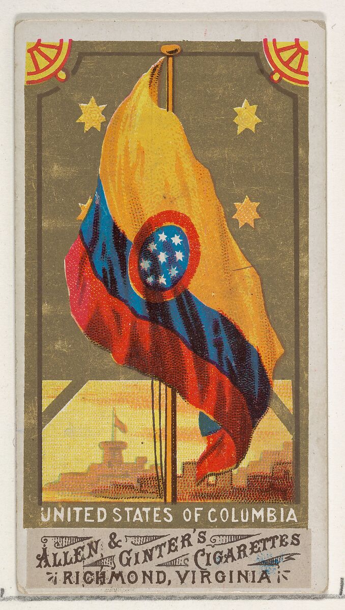 United States of Columbia, from Flags of All Nations, Series 1 (N9) for Allen & Ginter Cigarettes Brands, Issued by Allen &amp; Ginter (American, Richmond, Virginia), Commercial color lithograph 