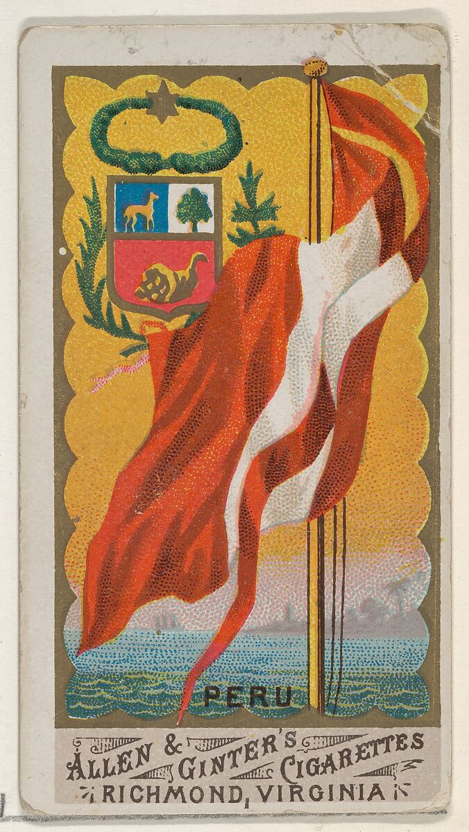 Peru, from Flags of All Nations, Series 1 (N9) for Allen & Ginter Cigarettes Brands, Issued by Allen &amp; Ginter (American, Richmond, Virginia), Commercial color lithograph 