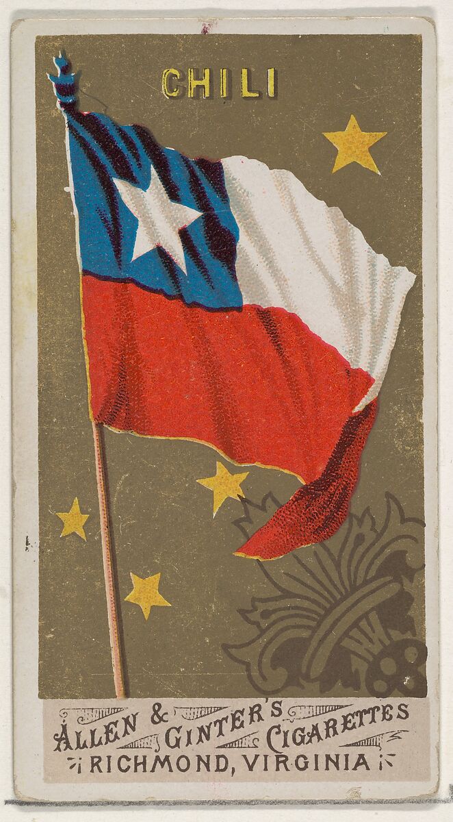 Chile, from Flags of All Nations, Series 1 (N9) for Allen & Ginter Cigarettes Brands, Issued by Allen &amp; Ginter (American, Richmond, Virginia), Commercial color lithograph 