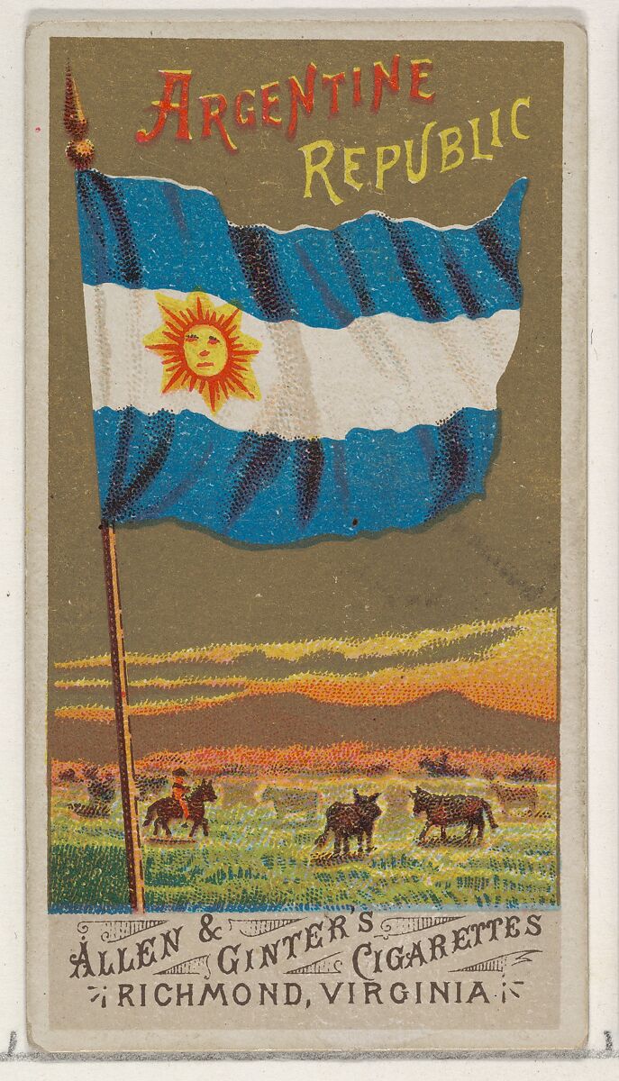 Argentine Republic, from Flags of All Nations, Series 1 (N9) for Allen & Ginter Cigarettes Brands, Issued by Allen &amp; Ginter (American, Richmond, Virginia), Commercial color lithograph 