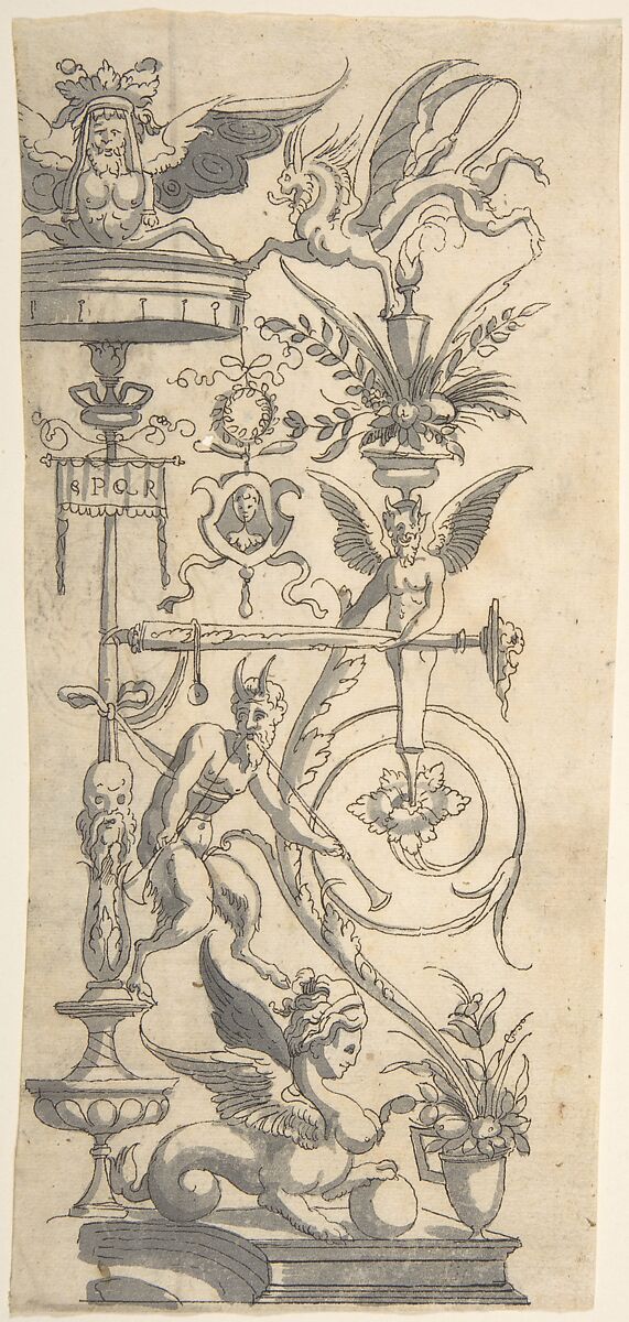 Candelabra Grotesque with Satyr Playing a Double Trumpet, Anonymous, Italian, 16th century ?, Pen and black ink, brush and gray wash 