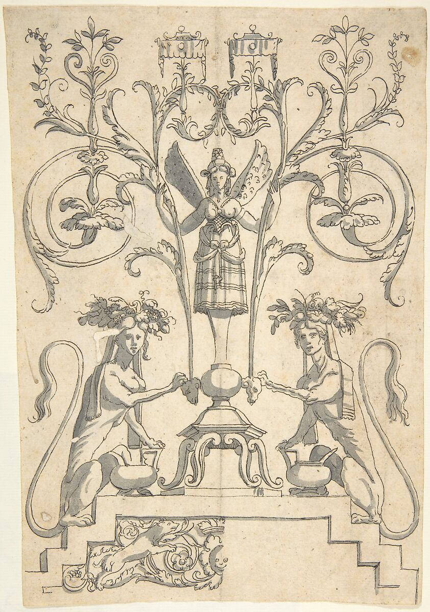 Candelabra Grotesque with Satyr Playing a Double Trumpet, Anonymous, Italian, 16th century ?, Pen and black ink, brush and gray wash