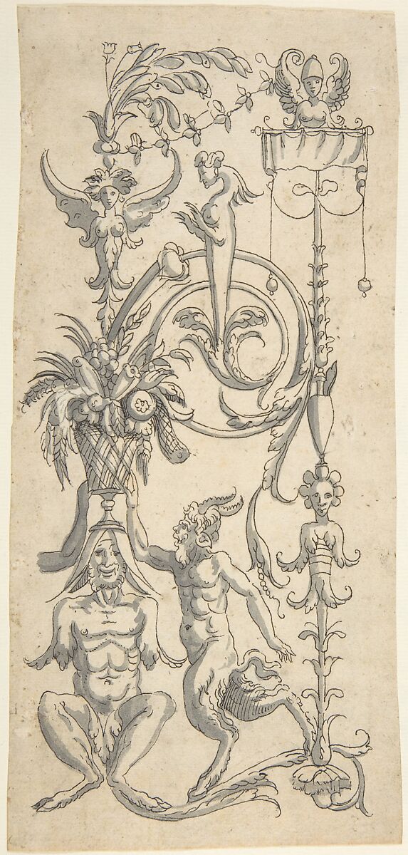 Candelabra Grotesque with a Crouched Satyr Carrying a Fruit Basket, Anonymous, Italian, 16th century ?, Pen and black ink, brush and gray wash 