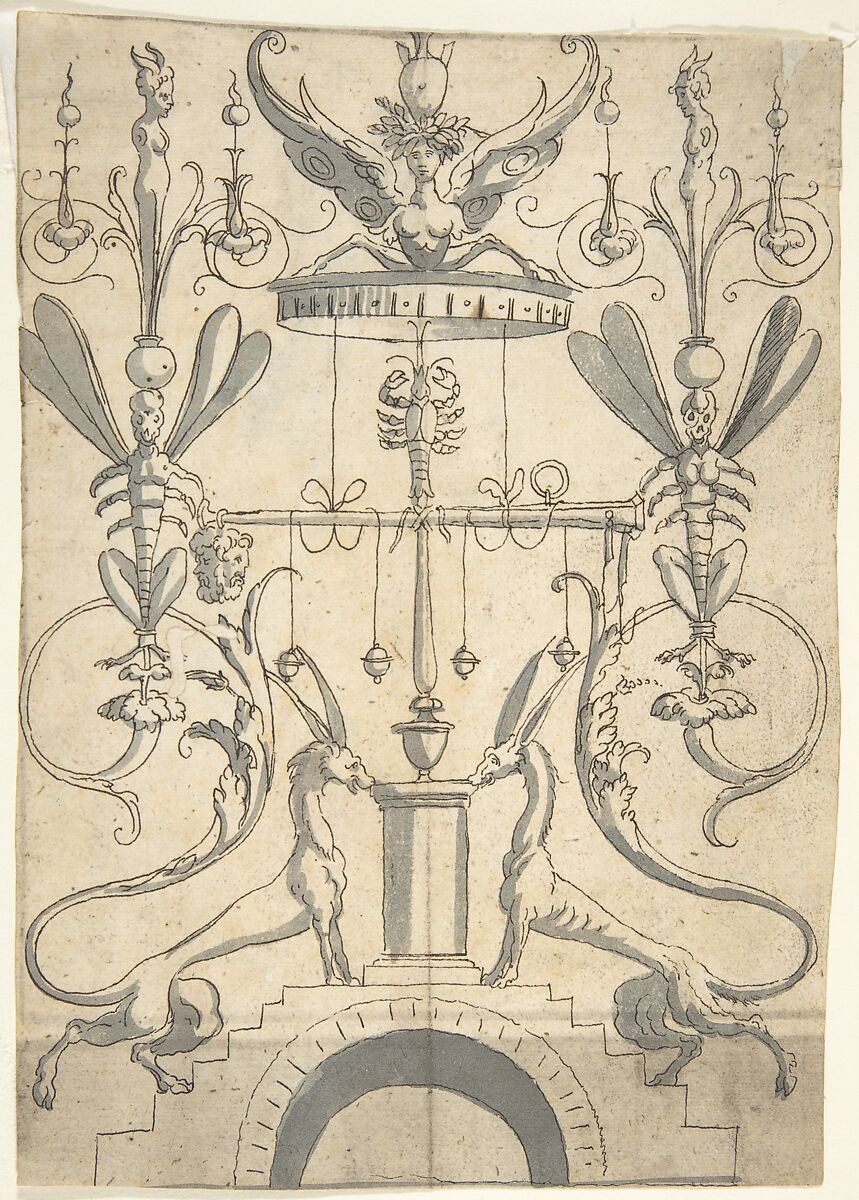 Candelabra Grotesque with a Crouched Satyr Carrying a Fruit Basket, Anonymous, Italian, 16th century ?, Pen and black ink, brush and gray wash