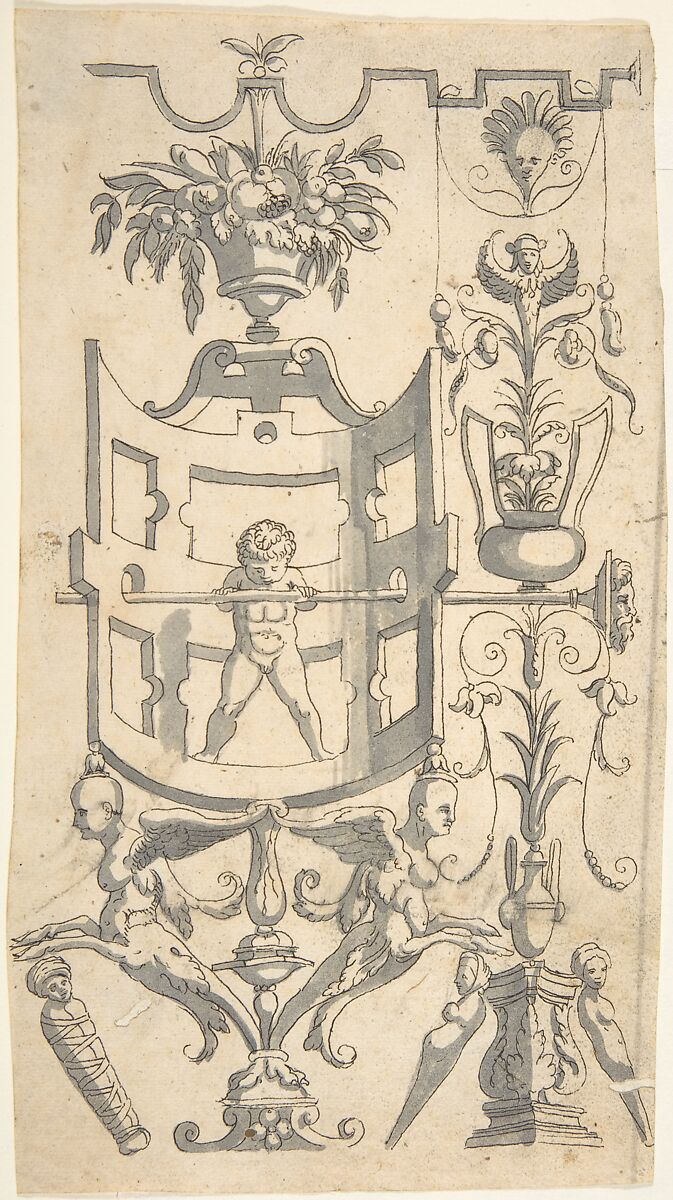 Candelabra Grotesque with a Naked Boy in a Strapwork Contraption, Anonymous, Italian, 16th century ?, Pen and black ink, brush and gray wash 