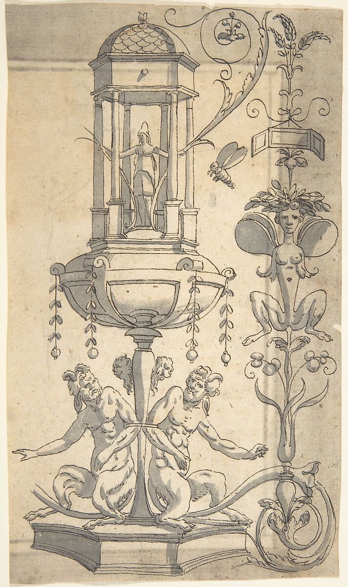 Candelabra Grotesque with a Naked Boy in a Strapwork Contraption, Anonymous, Italian, 16th century ?, Pen and black ink, brush and gray wash