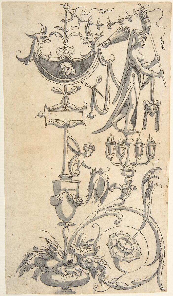 Candelabra Grotesque with a Vase with Fruit and an Amazon Shield, Anonymous, Italian, 16th century ?, Pen and black ink, brush and gray wash 