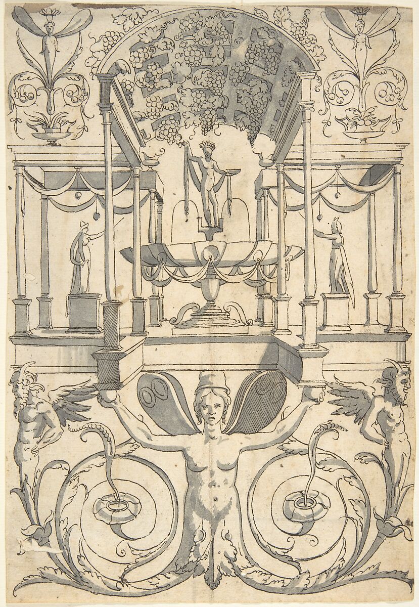 Candelabra Grotesque with a Vase with Fruit and an Amazon Shield, Anonymous, Italian, 16th century ?, Pen and black ink, brush and gray wash