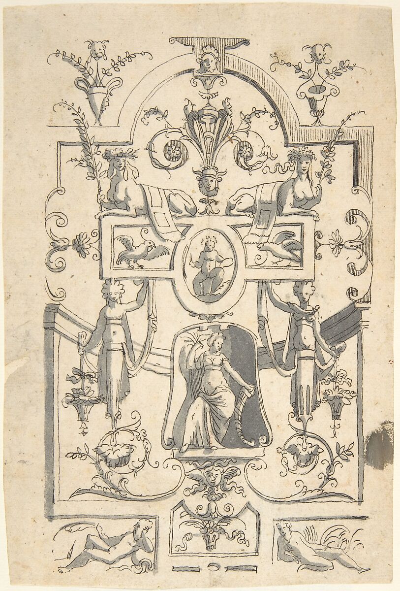 Candelabra Grotesque with a Vase with Fruit and an Amazon Shield, Anonymous, Italian, 16th century ?, Pen and black ink, brush and gray wash