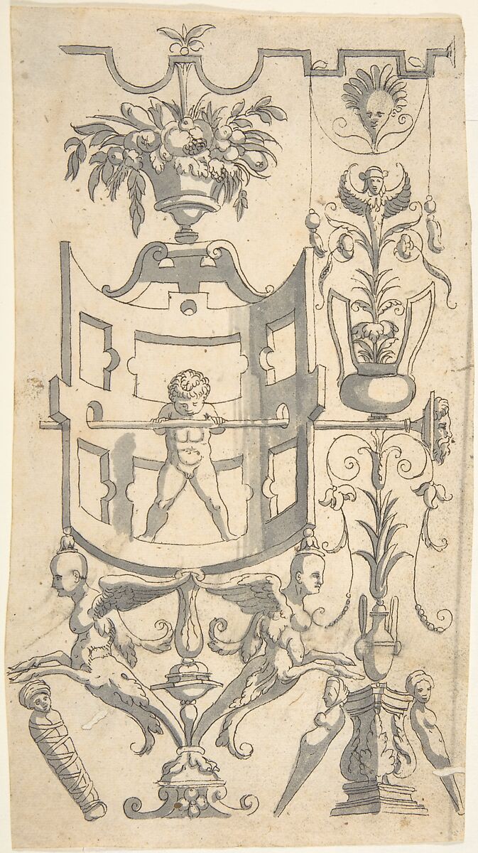 Grotesque with a Bacchus Fountain Placed in an Architectural Structure, Anonymous, Italian, 16th century, Pen and black ink, brush and gray wash