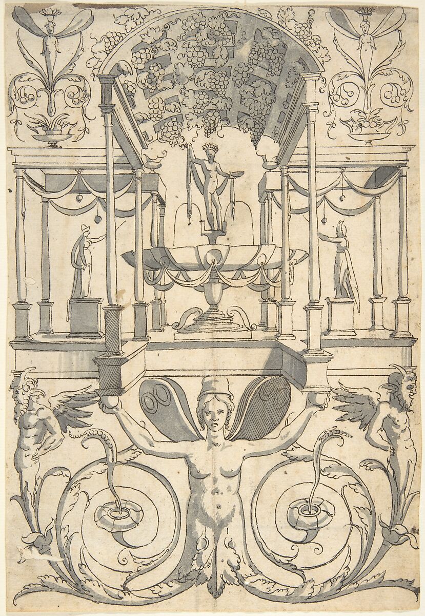 Grotesque with a Bacchus Fountain Placed in an Architectural Structure, Anonymous, Italian, 16th century, Pen and black ink, brush and gray wash 