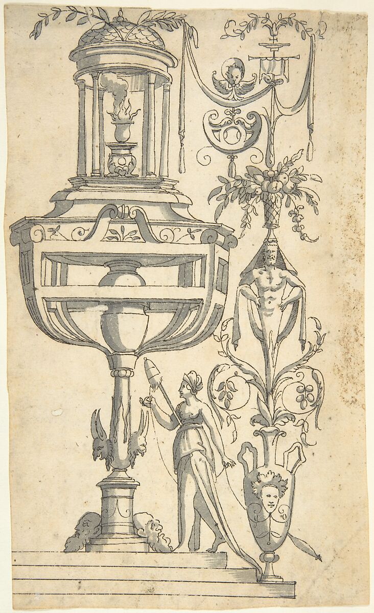 Grotesque with a Bacchus Fountain Placed in an Architectural Structure, Anonymous, Italian, 16th century, Pen and black ink, brush and gray wash