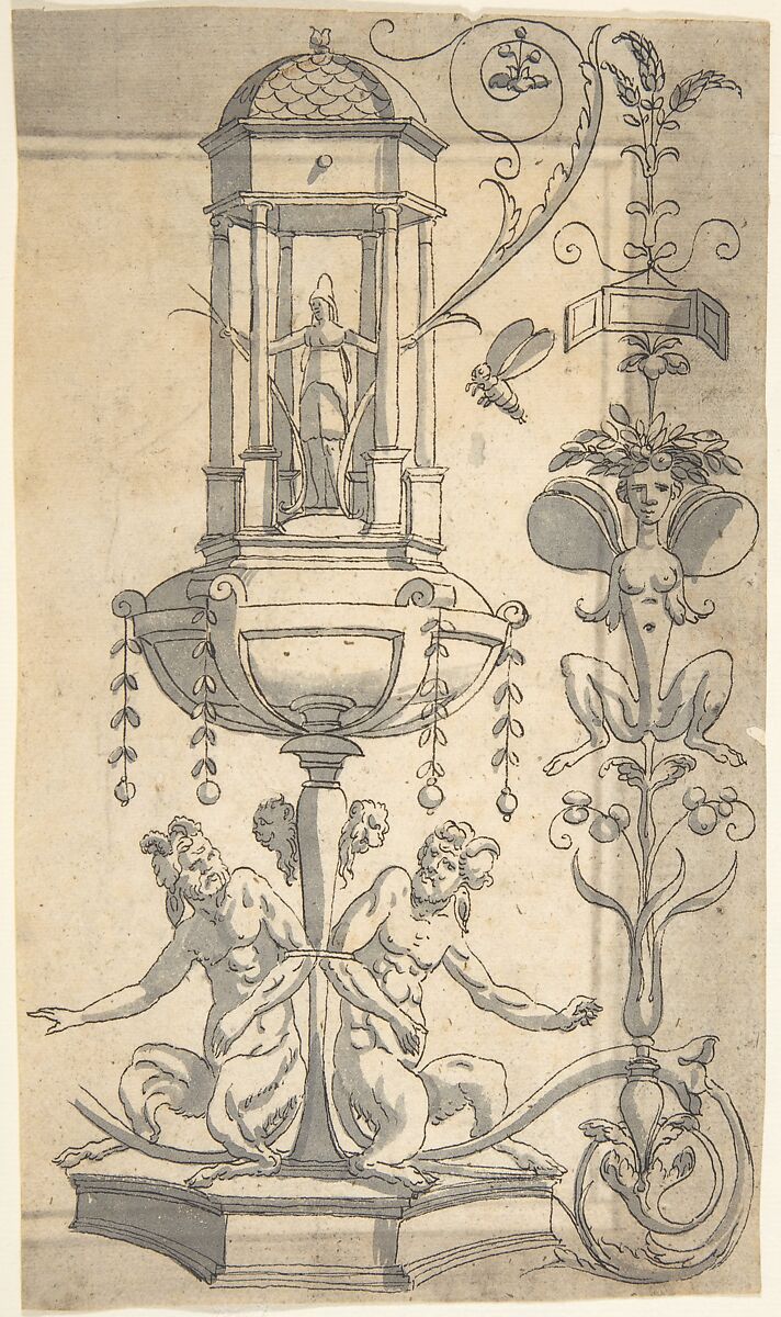 Candelabra Grotesque with an Hexagonal Pavillion on a Foot, Anonymous, Italian, 16th century ?, Pen and black ink, brush and gray wash 