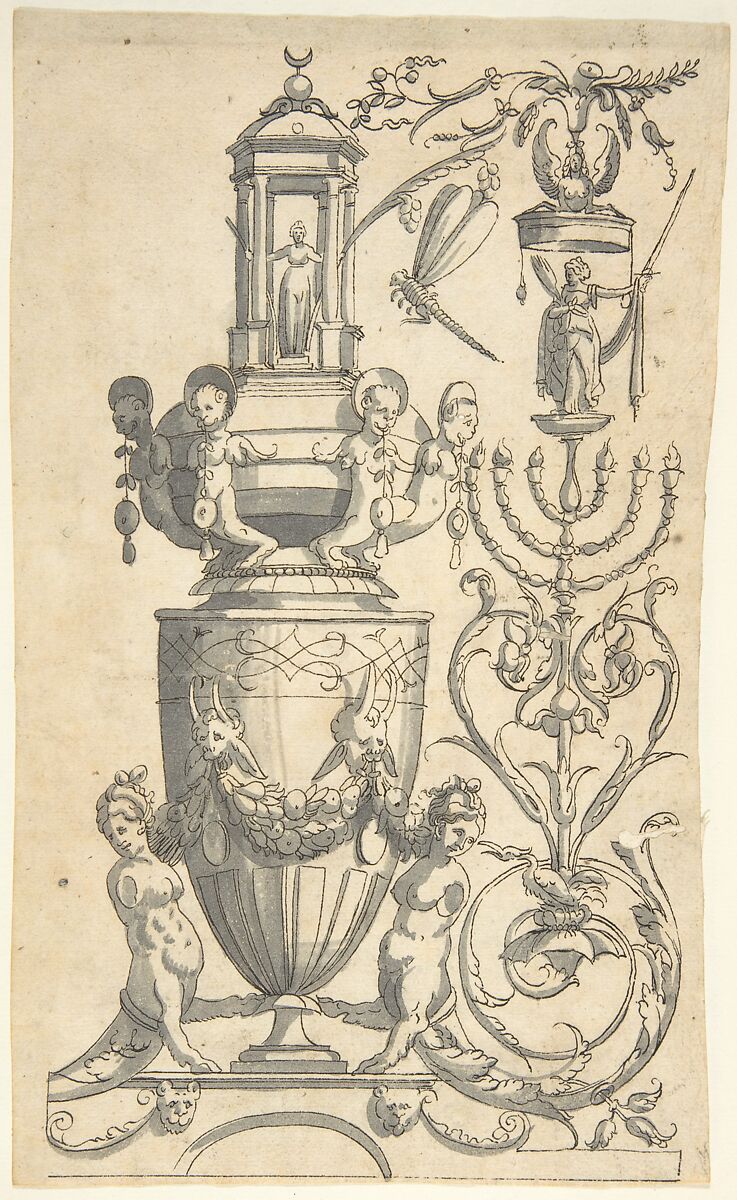 Candelabra Grotesque with a Large Vase Flanked by Sphinxes, Anonymous, Italian, 16th century ?, Pen and black ink, brush and gray wash 