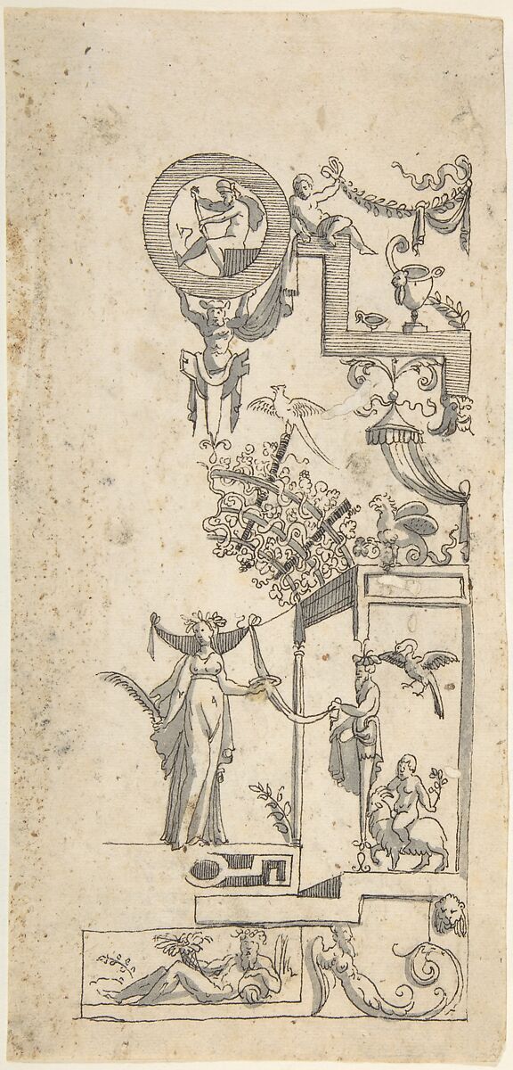 Candelabra Grotesque with a Large Vase Flanked by Sphinxes, Anonymous, Italian, 16th century ?, Pen and black ink, brush and gray wash