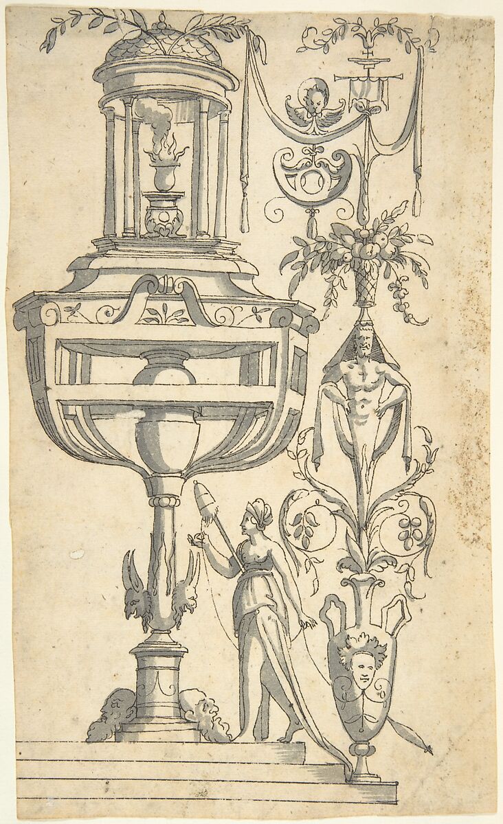 Candelabra Grotesque Crowned by an Altar in a Small Pavillion, Anonymous, Italian, 16th century ?, Pen and black ink, brush and gray wash 