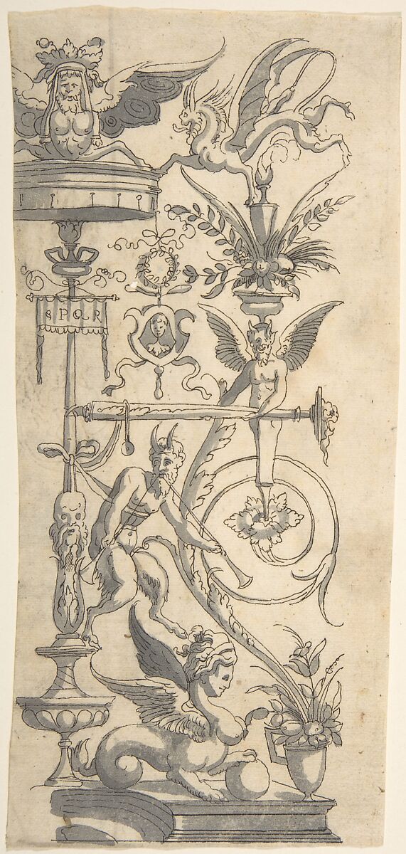 Candelabra Grotesque on a Pedestal with Fantastical Creatures and a Lobster, Anonymous, Italian, 16th century ?, Pen and black ink, brush and gray wash