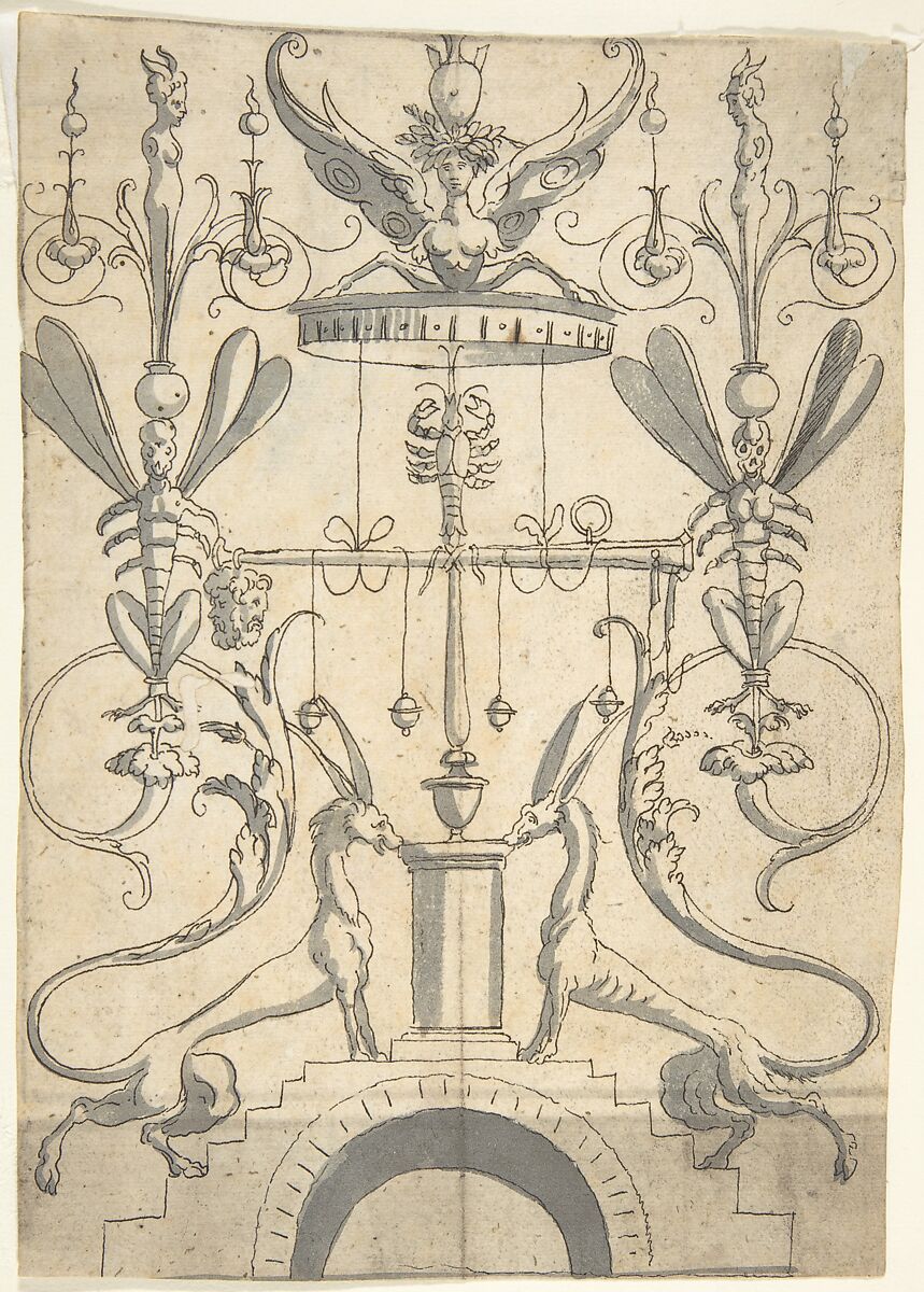 Candelabra Grotesque on a Pedestal with Fantastical Creatures and a Lobster, Anonymous, Italian, 16th century ?, Pen and black ink, brush and gray wash 