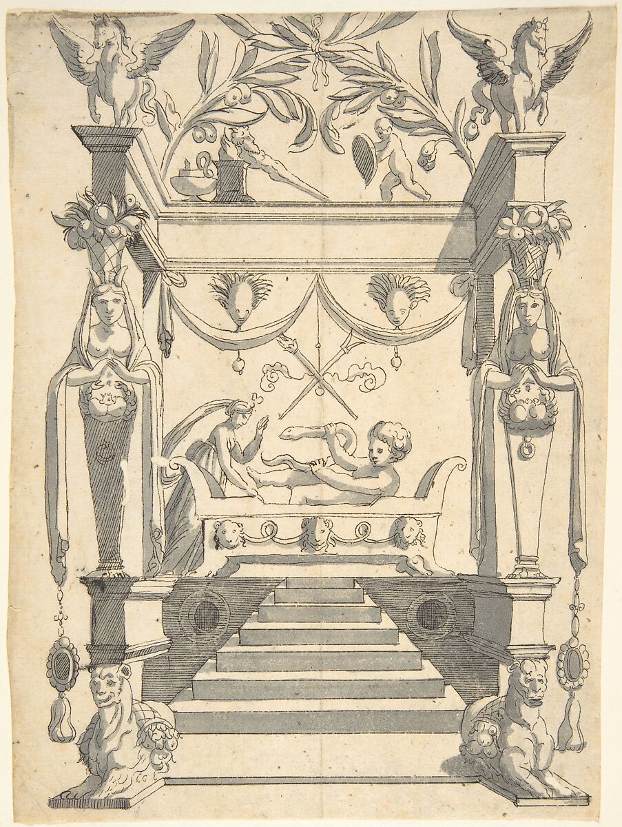 Candelabra Grotesque with a Female Figure in a Niche and Two Sphinxes, Anonymous, Italian, 16th century ?, Pen and black ink, brush and gray wash