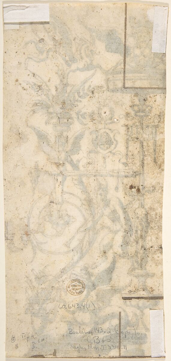 Grotesque with a Victory Figure Under an Overgrown Pergola, Anonymous, Italian, 16th century ?, Pen and black ink, brush and gray wash