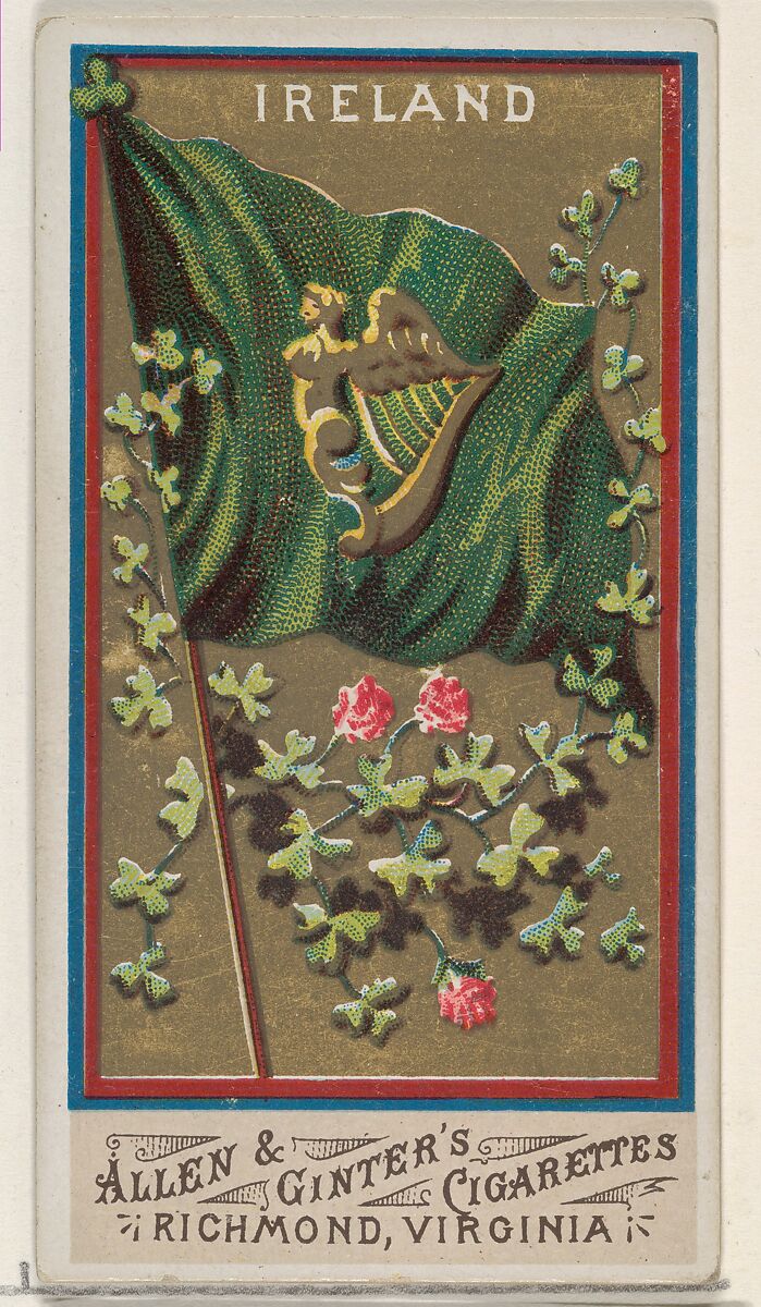 Ireland, from Flags of All Nations, Series 1 (N9) for Allen & Ginter Cigarettes Brands, Issued by Allen &amp; Ginter (American, Richmond, Virginia), Commercial color lithograph 