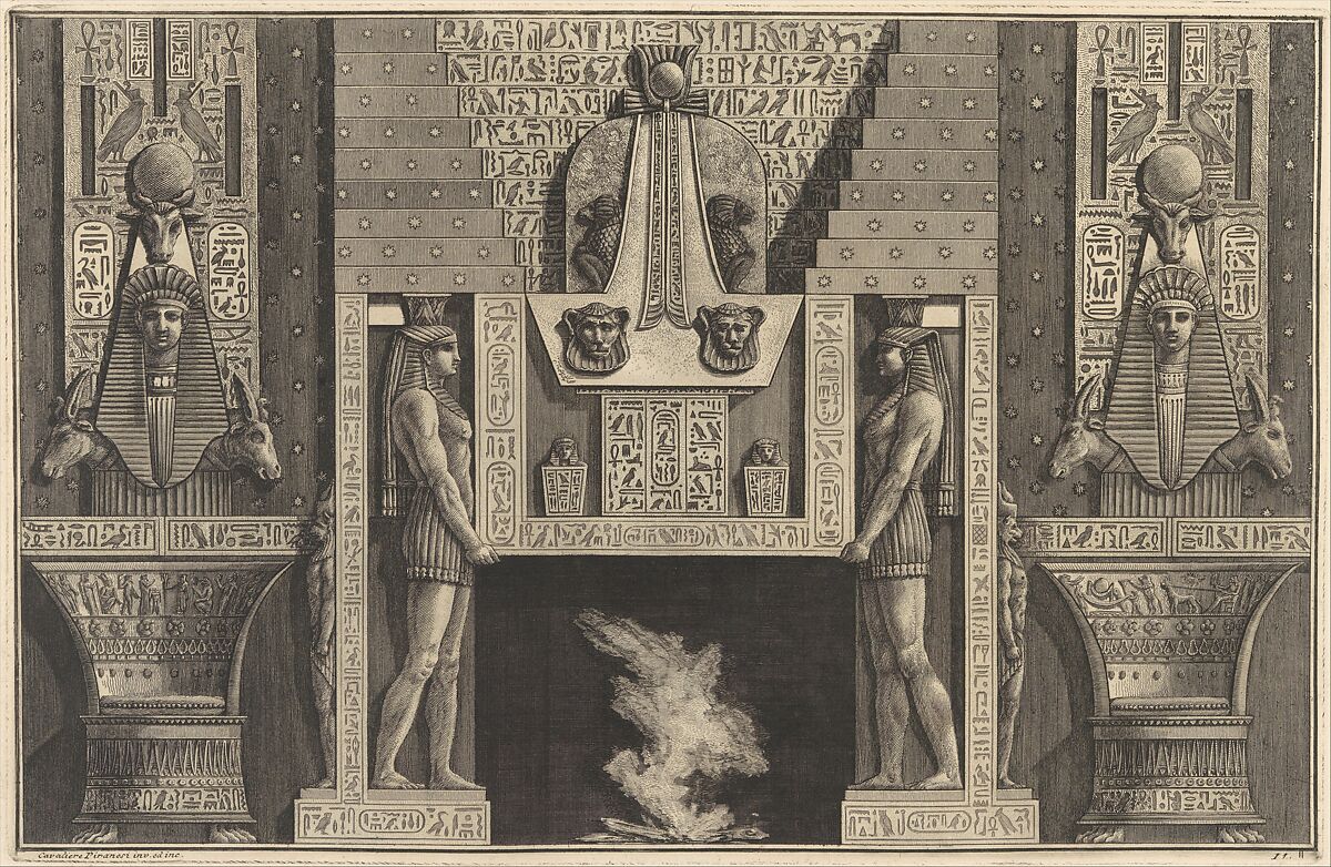 Chimneypiece in the Egyptian style: Giant figures supporting the lintel, flanked by chairs, from "Diverse Maniere d'adornare i cammini..." (Diverse Ways of ornamenting chimneypieces...), Giovanni Battista Piranesi (Italian, Mogliano Veneto 1720–1778 Rome), Etching 