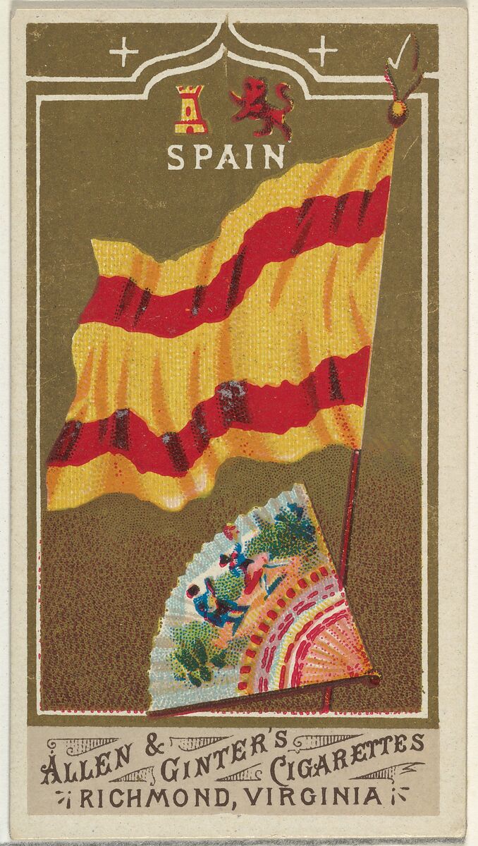 Spain, from Flags of All Nations, Series 1 (N9) for Allen & Ginter Cigarettes Brands, Issued by Allen &amp; Ginter (American, Richmond, Virginia), Commercial color lithograph 