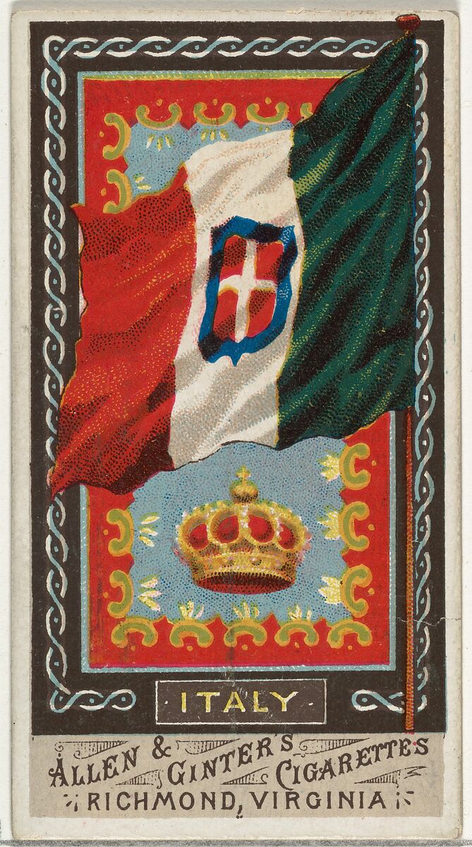 Italy, from Flags of All Nations, Series 1 (N9) for Allen & Ginter Cigarettes Brands, Issued by Allen &amp; Ginter (American, Richmond, Virginia), Commercial color lithograph 