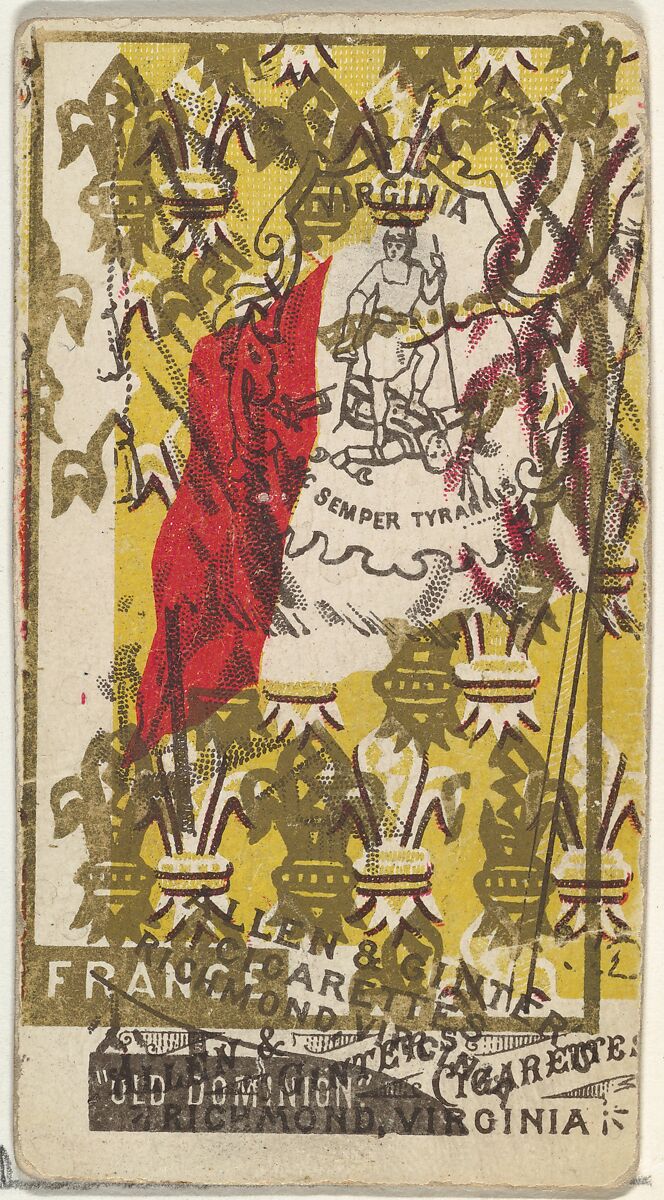 Virginia and France (double-printed card), from Flags of All Nations, Series 1 (N9) for Allen & Ginter Cigarettes Brands, Issued by Allen &amp; Ginter (American, Richmond, Virginia), Commercial color lithograph 