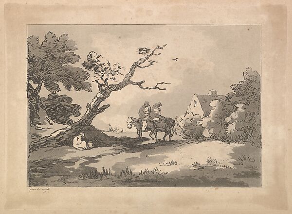 Landscape with Figures on Horseback, Another Resting Under a Gnarled Tree, and a Cottage at Right Nestled in Trees