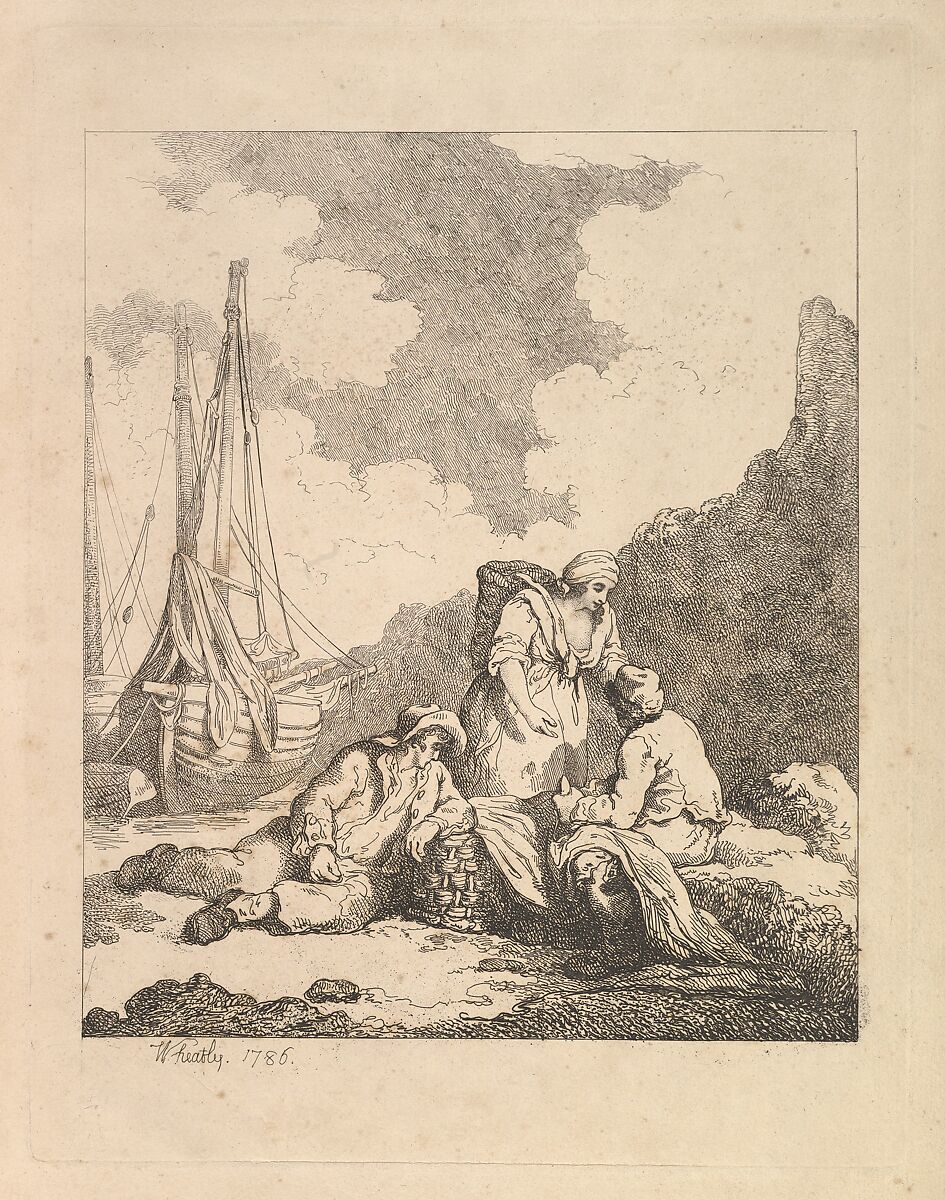Fishermen by the Shore – Coastal Scene with a Man Sitting on the Ground Resting an Elbow on a Fishing Basket, Another Man Opposite Mending a Sail, and a Woman Standing Between Them Carrying a Basket on Her Back, Thomas Rowlandson (British, London 1757–1827 London), Etching 